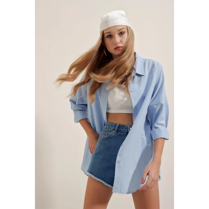 3900 Oversize Uzun Basic Gömlek - Mavi
