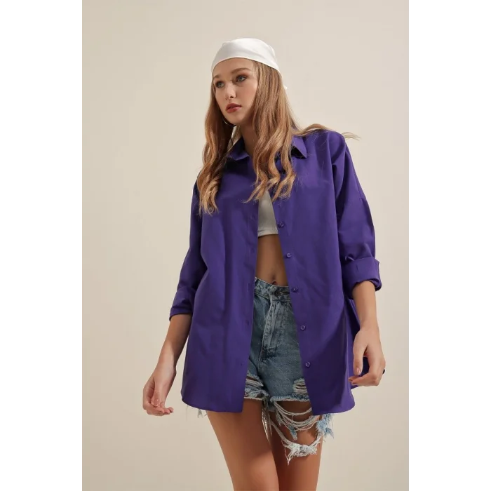 3900 Oversize Uzun Basic Gömlek - Mor