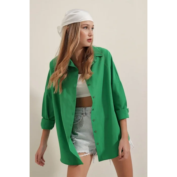 3900 Oversize Uzun Basic Gömlek - Yeşil