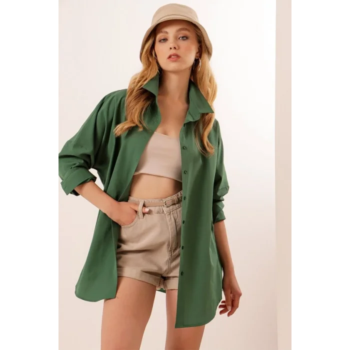 3900 Oversize Uzun Basic Gömlek - Zümrüt Yeşili