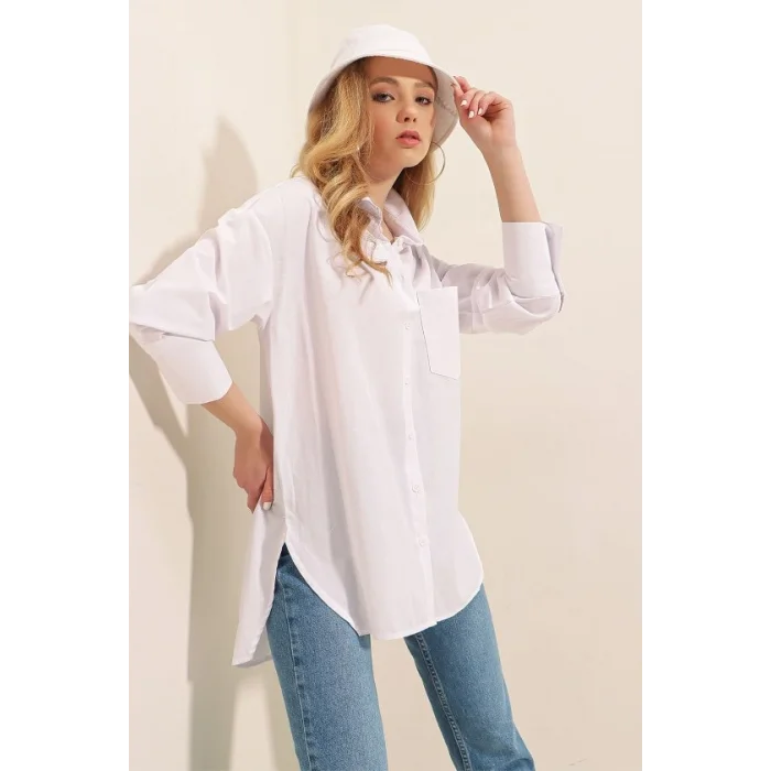3952 Arkası Düğmeli Boyfriend Gömlek - Beyaz