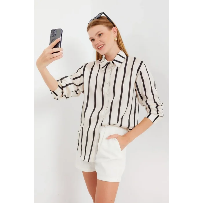 3964 Çizgili Hafif Dökümlü Saten Gömlek - F. Siyah