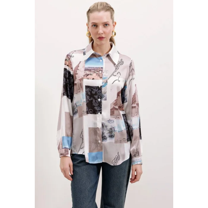 3964 Hafif Dökümlü Saten Gömlek - A.Bej