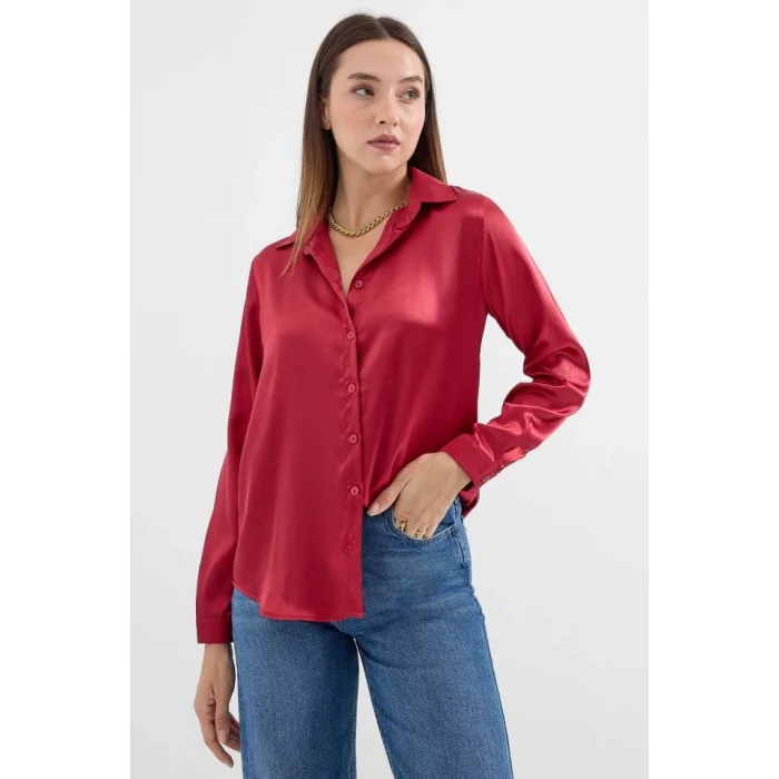 3964 Hafif Dökümlü Saten Gömlek - A.Bordo