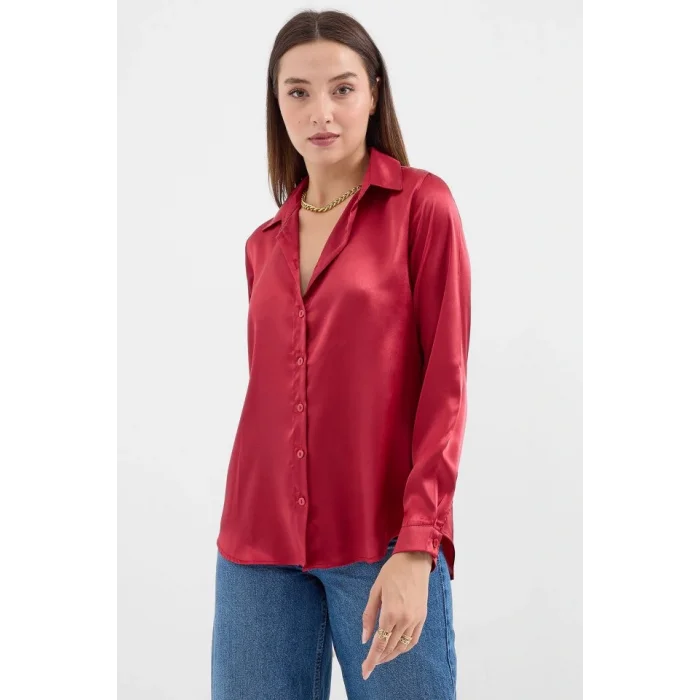 3964 Hafif Dökümlü Saten Gömlek - A.Bordo