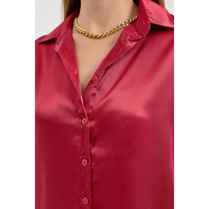 3964 Hafif Dökümlü Saten Gömlek - A.Bordo