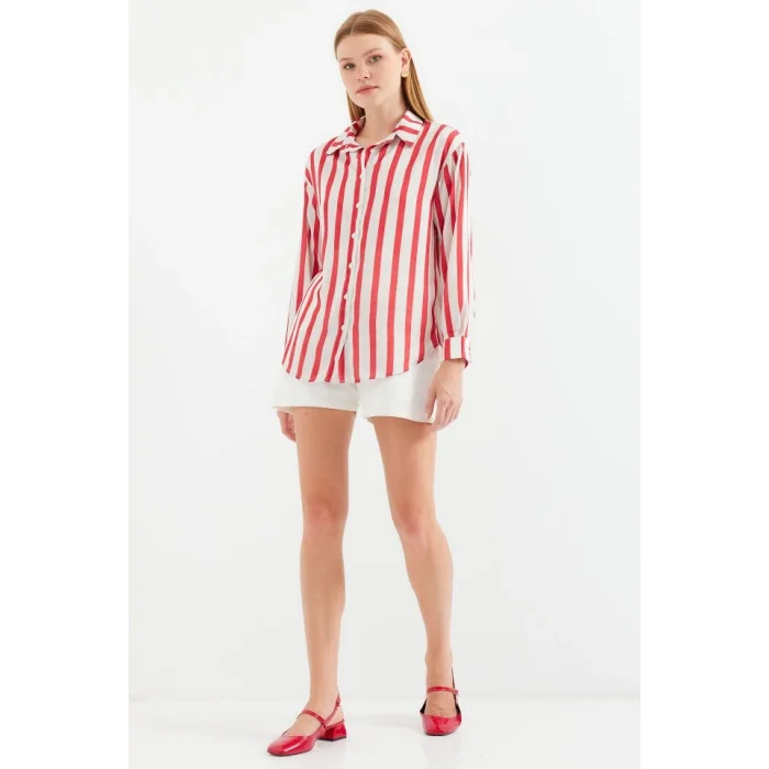 3964 Hafif Dökümlü Saten Gömlek - A.Kırmızı