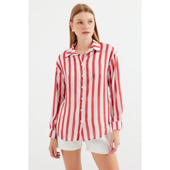 3964 Hafif Dökümlü Saten Gömlek - A.Kırmızı