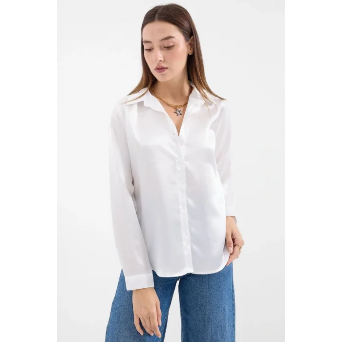 3964 Hafif Dökümlü Saten Gömlek - Beyaz