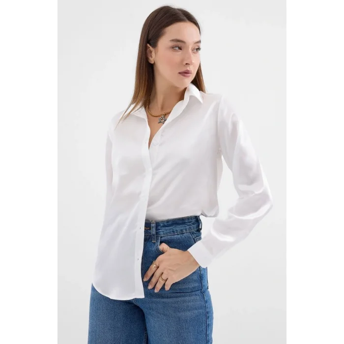 3964 Hafif Dökümlü Saten Gömlek - Beyaz