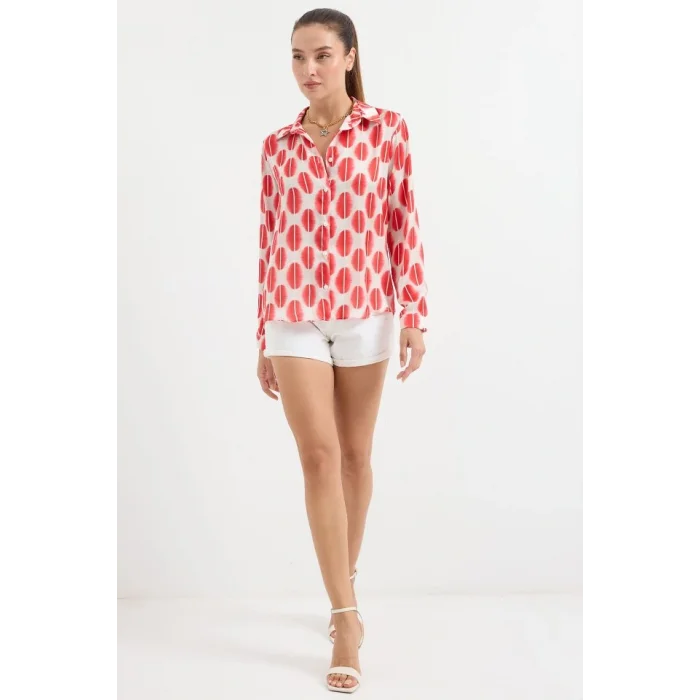 3964 Hafif Dökümlü Saten Gömlek - B.Kırmızı