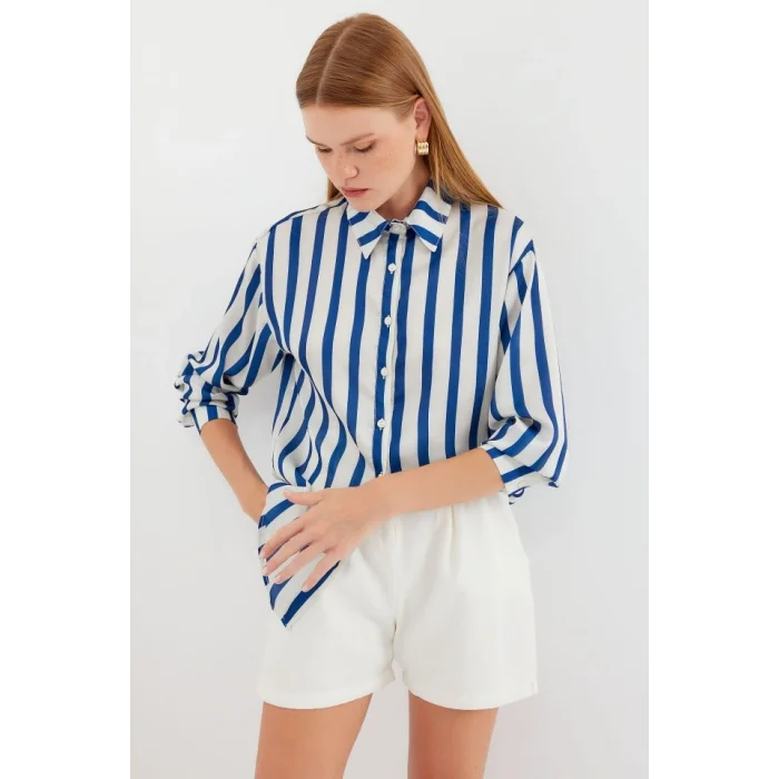 3964 Hafif Dökümlü Saten Gömlek - B.Lacivert