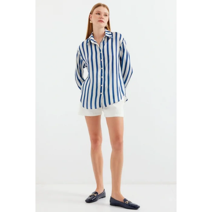 3964 Hafif Dökümlü Saten Gömlek - B.Lacivert