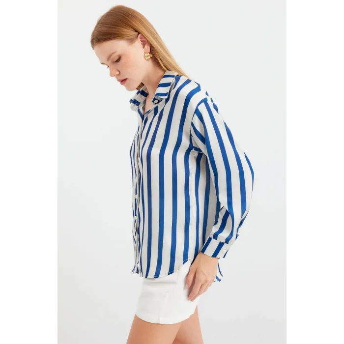 3964 Hafif Dökümlü Saten Gömlek - B.Lacivert