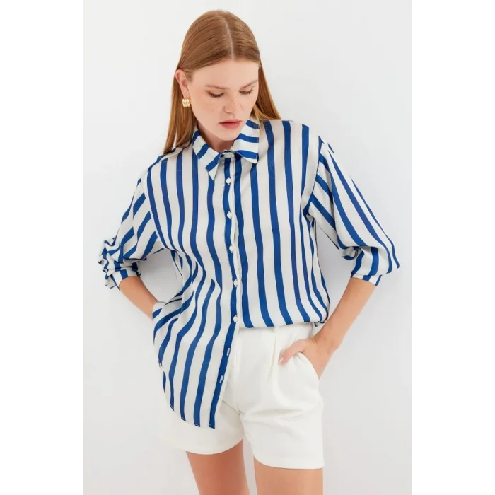 3964 Hafif Dökümlü Saten Gömlek - B.Lacivert