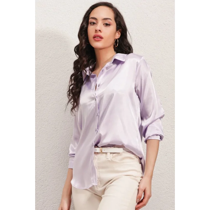 3964 Hafif Dökümlü Saten Gömlek - B.Lila