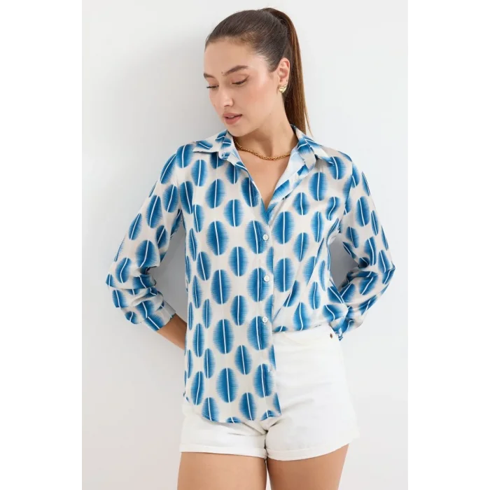 3964 Hafif Dökümlü Saten Gömlek - B.Mavi