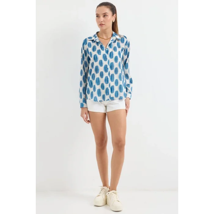 3964 Hafif Dökümlü Saten Gömlek - B.Mavi