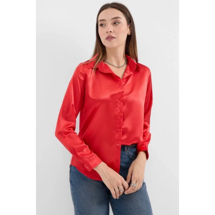 3964 Hafif Dökümlü Saten Gömlek - Bordo