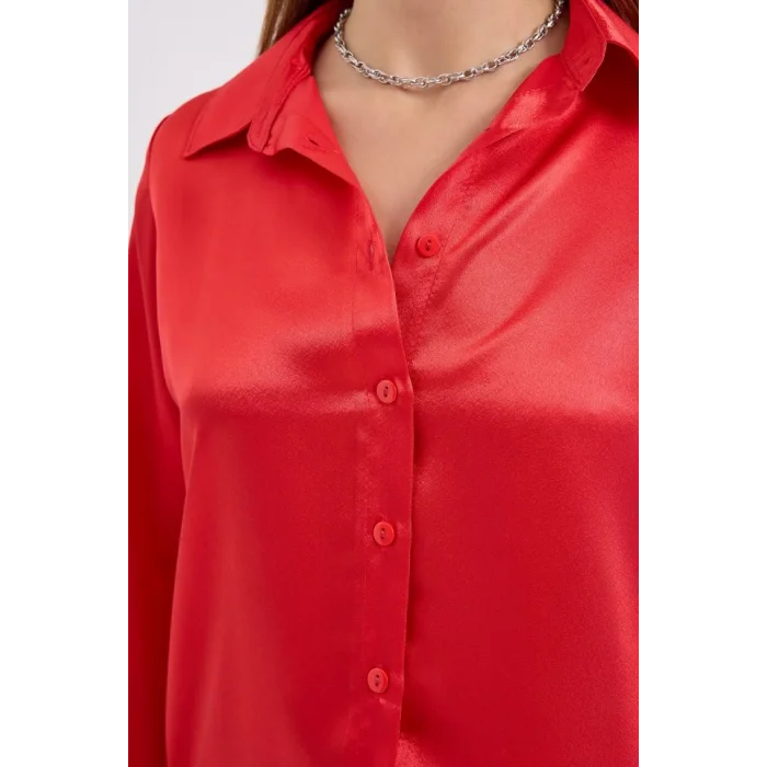 3964 Hafif Dökümlü Saten Gömlek - Bordo