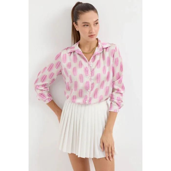 3964 Hafif Dökümlü Saten Gömlek - B.Pembe