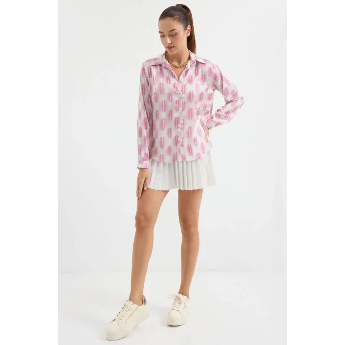 3964 Hafif Dökümlü Saten Gömlek - B.Pembe