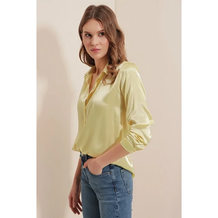 3964 Hafif Dökümlü Saten Gömlek - B.Sarı