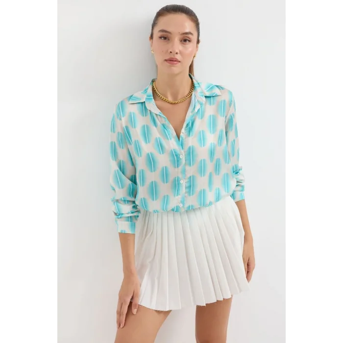 3964 Hafif Dökümlü Saten Gömlek - B.Turkuaz