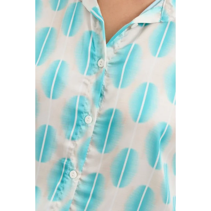 3964 Hafif Dökümlü Saten Gömlek - B.Turkuaz