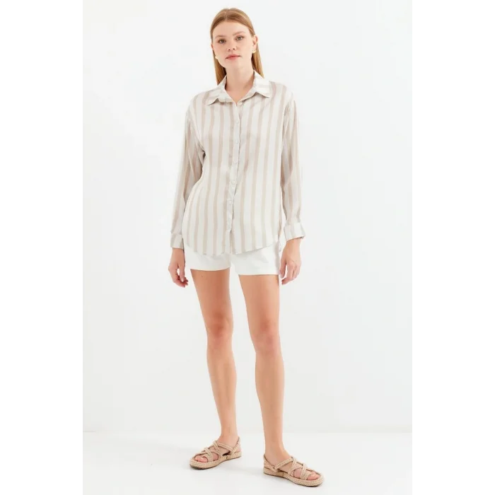 3964 Hafif Dökümlü Saten Gömlek - C. Bej