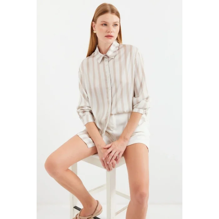 3964 Hafif Dökümlü Saten Gömlek - C. Bej