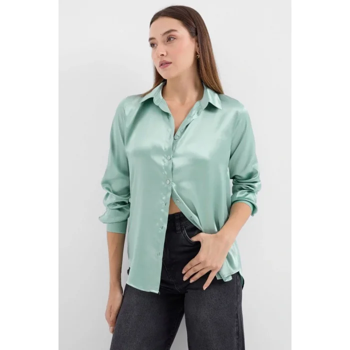 3964 Hafif Dökümlü Saten Gömlek - Çağla