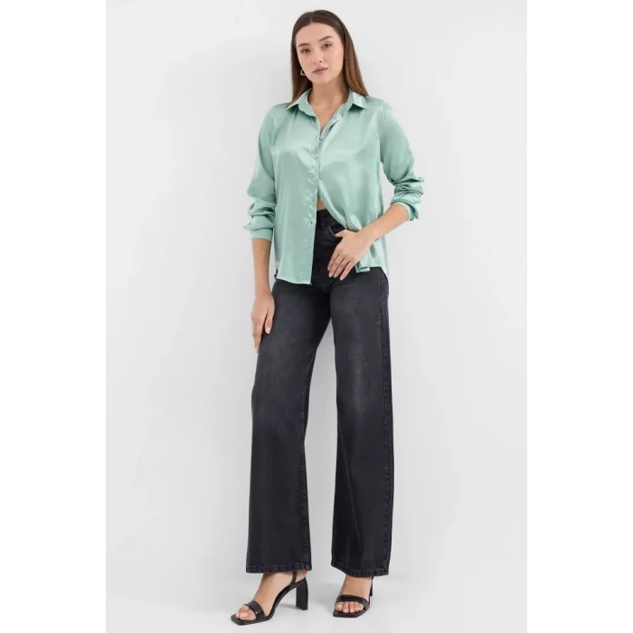 3964 Hafif Dökümlü Saten Gömlek - Çağla