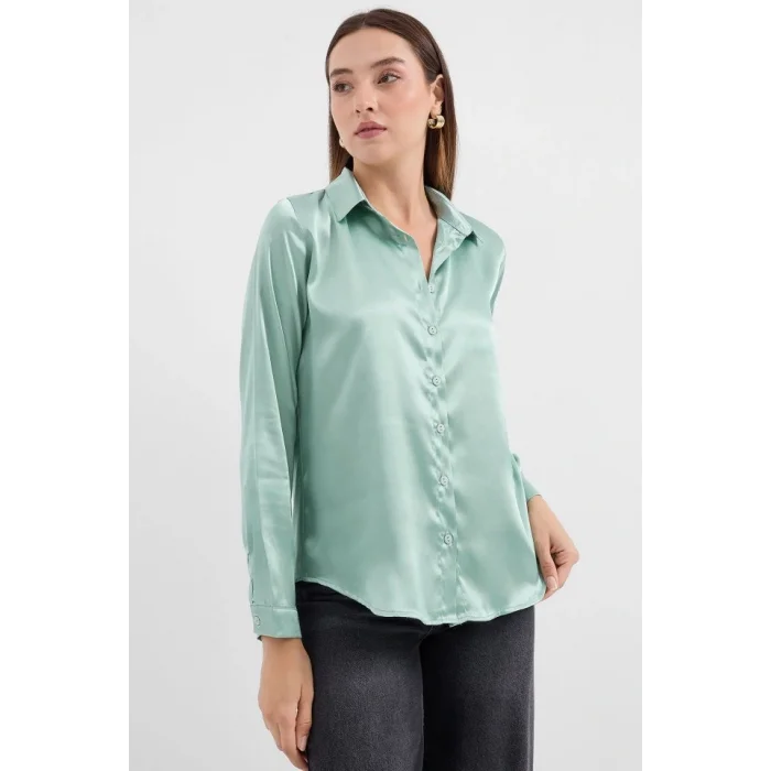 3964 Hafif Dökümlü Saten Gömlek - Çağla
