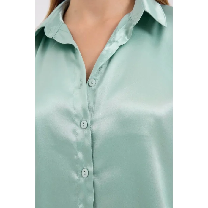 3964 Hafif Dökümlü Saten Gömlek - Çağla