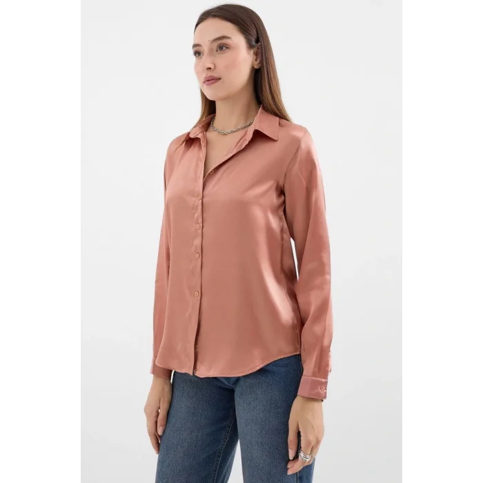 3964 Hafif Dökümlü Saten Gömlek - Camel