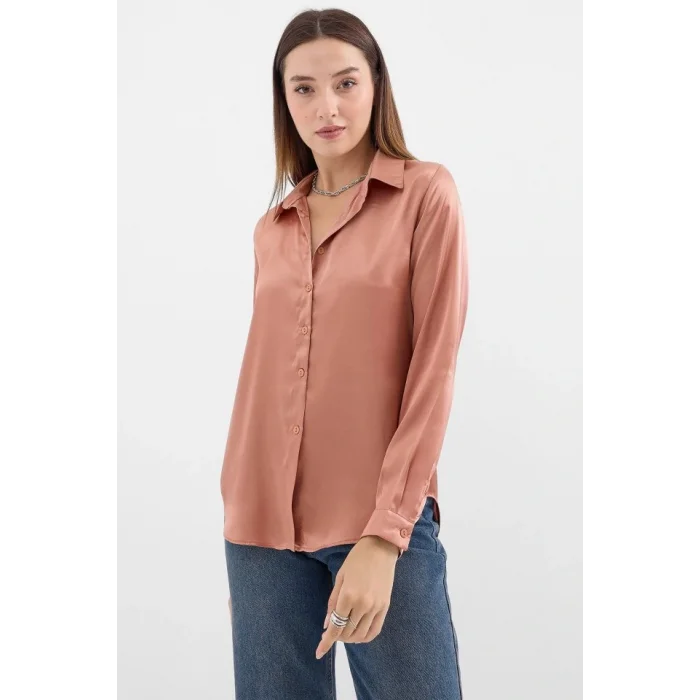 3964 Hafif Dökümlü Saten Gömlek - Camel