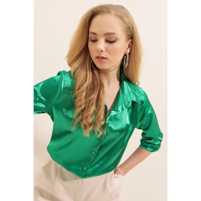 3964 Hafif Dökümlü Saten Gömlek - D.Yeşil