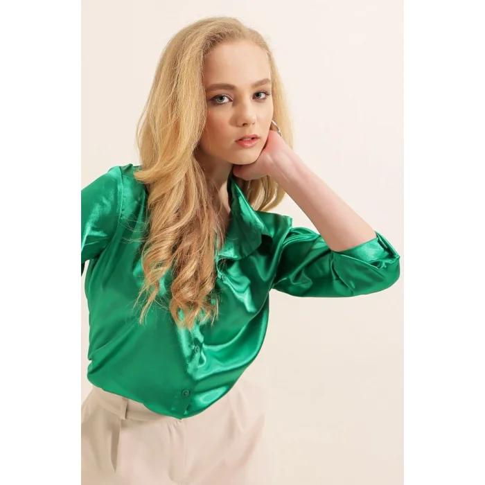 3964 Hafif Dökümlü Saten Gömlek - D.Yeşil