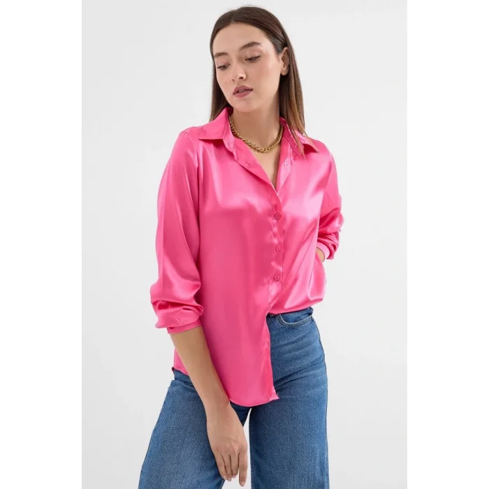 3964 Hafif Dökümlü Saten Gömlek - Fuşya