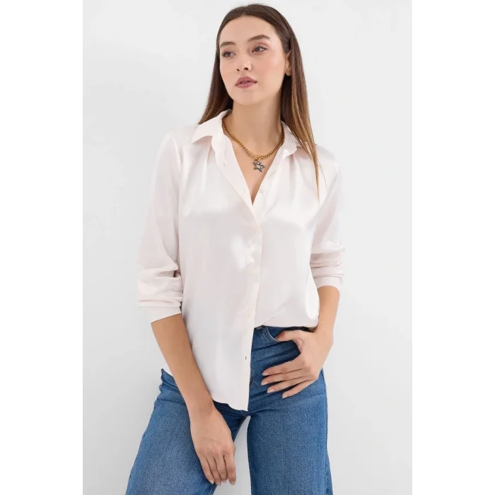 3964 Hafif Dökümlü Saten Gömlek - Krem