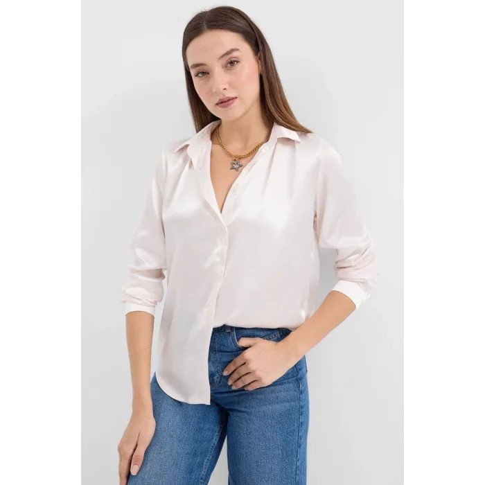 3964 Hafif Dökümlü Saten Gömlek - Krem
