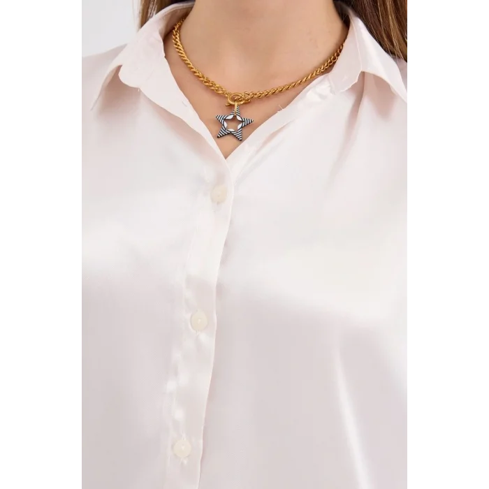 3964 Hafif Dökümlü Saten Gömlek - Krem