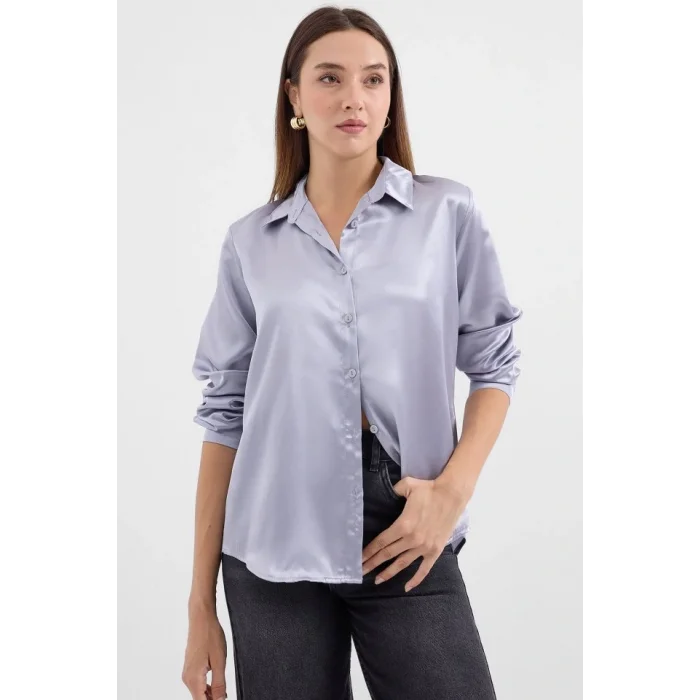 3964 Hafif Dökümlü Saten Gömlek - Lila