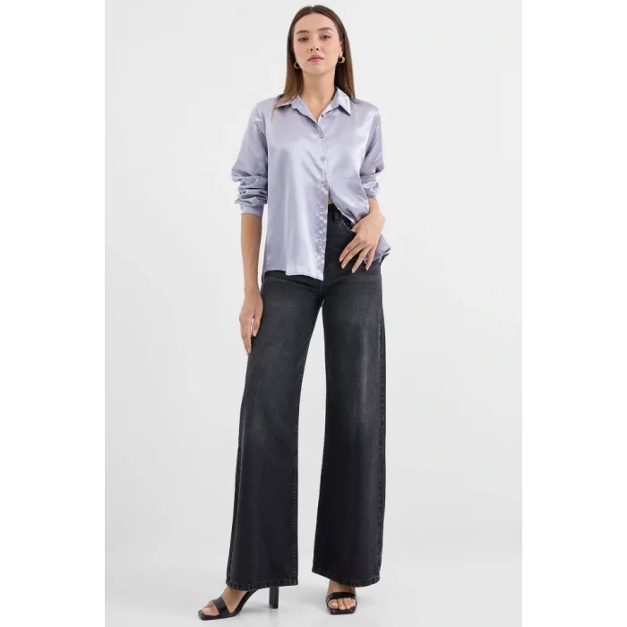 3964 Hafif Dökümlü Saten Gömlek - Lila