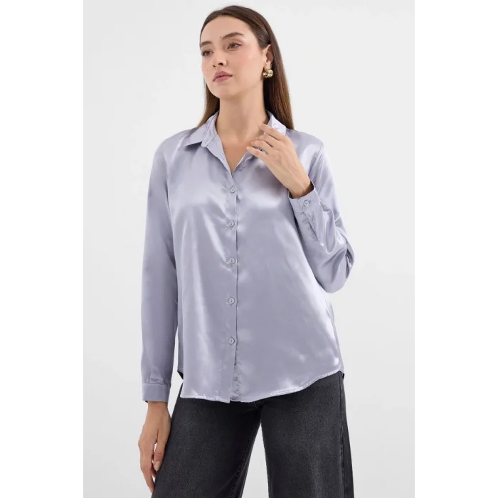3964 Hafif Dökümlü Saten Gömlek - Lila