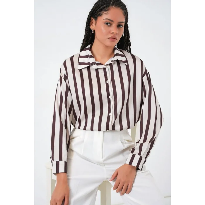 3964 Hafif Dökümlü Saten Gömlek - M. Kahverengi