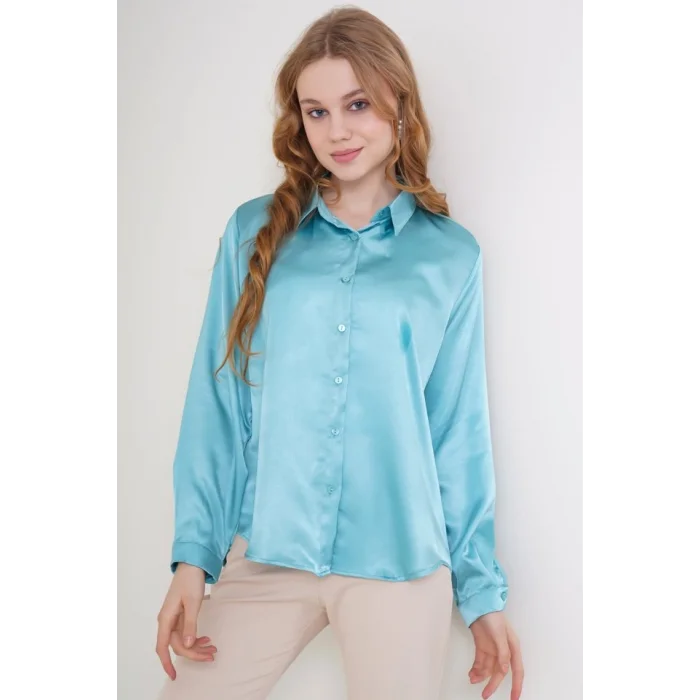 3964 Hafif Dökümlü Saten Gömlek - Mint
