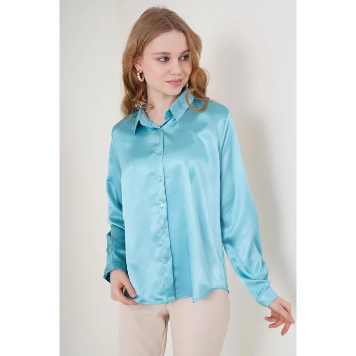 3964 Hafif Dökümlü Saten Gömlek - Mint