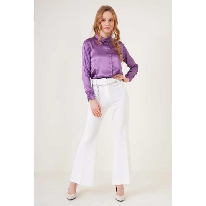 3964 Hafif Dökümlü Saten Gömlek - Mor